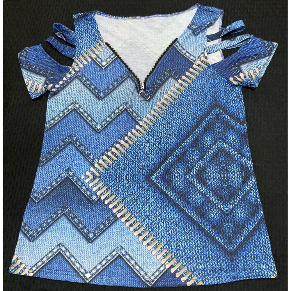 Denim Print Shirt Womens Large Blue Zipper Strappy Sleeve V Neck Tee Top